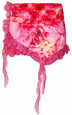 Pink Abstract Print Lace Trim Mini Skirt