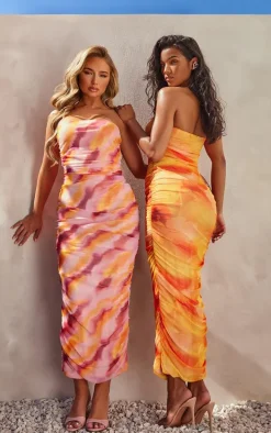 Pink Abstract Print Mesh Bandeau Ruched Maxi Dress