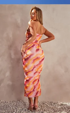 Pink Abstract Print Mesh Bandeau Ruched Maxi Dress