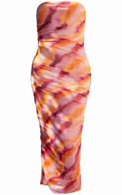 Pink Abstract Print Mesh Bandeau Ruched Maxi Dress