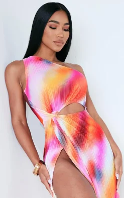 Pink Abstract Print Plisse Knotted Split Detail Maxi Dress