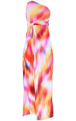 Pink Abstract Print Plisse Knotted Split Detail Maxi Dress