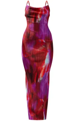 Pink Abstract Print Plisse Strappy Maxi Dress