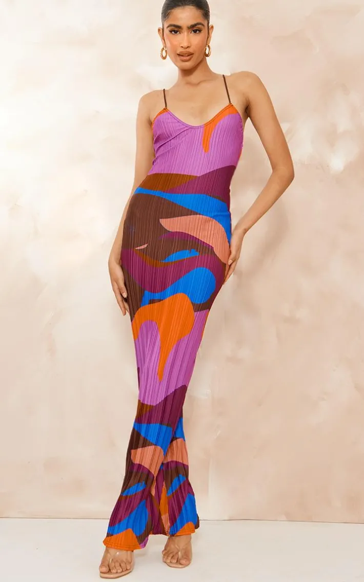 Pink Abstract Print Plisse Low Back Strappy Maxi Dress
