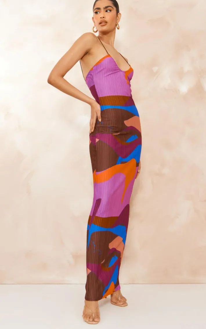 Pink Abstract Print Plisse Low Back Strappy Maxi Dress