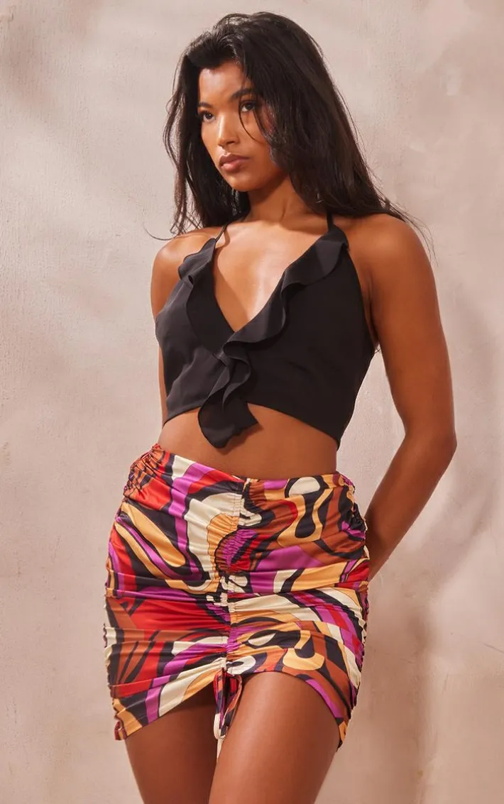 Pink Abstract Print Ruched Front Skirt