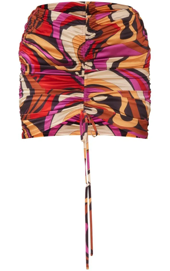 Pink Abstract Print Ruched Front Skirt