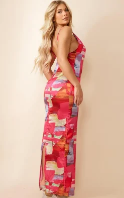 Pink Abstract Print Satin Cowl Neck Maxi Dress