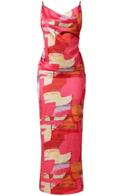 Pink Abstract Print Satin Cowl Neck Maxi Dress