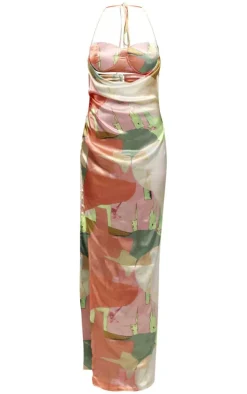 Pink Abstract Print Satin Underwired Cut Out Drape Maxi Dress