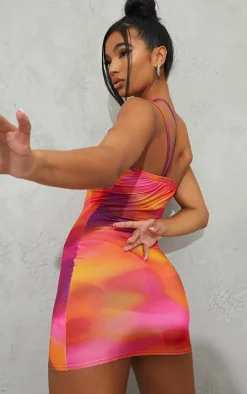 Pink Abstract Print Slinky Asymmetric Strap Detail Bodycon Dress