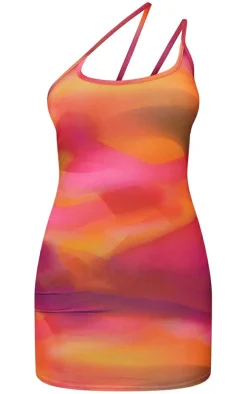Pink Abstract Print Slinky Asymmetric Strap Detail Bodycon Dress