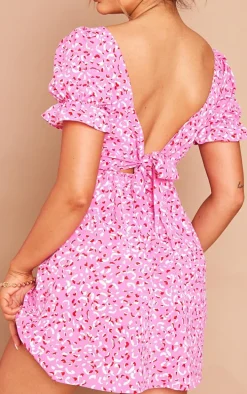 Pink Abstract Print Twist Bust Cut Out Shift Dress