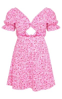 Pink Abstract Print Twist Bust Cut Out Shift Dress