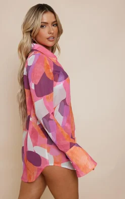 Pink Abstract Printed Oversized Beach Shirt