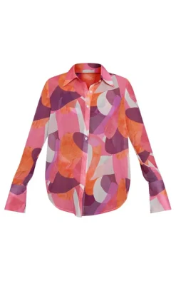 Pink Abstract Printed Oversized Beach Shirt