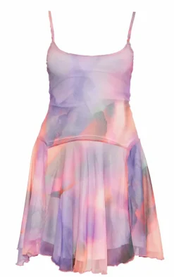 Pink Abstract Strappy Frill Shift Dress