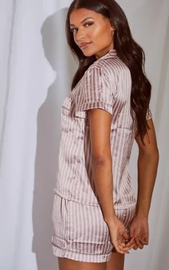 Pink And Grey Stripe Satin Short PJ Set
