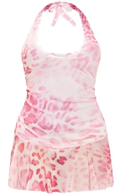 Pink Animal Print Frill Halter Neck Mesh Shift Dress