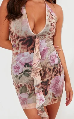 Pink Animal Print Frill Mini Dress