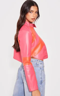 Pink Asymmetric Lines Faux Leather Crop Jacket