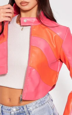 Pink Asymmetric Lines Faux Leather Crop Jacket