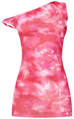 Pink Asymmetric Onion Skin Flower Print Bodycon Dress