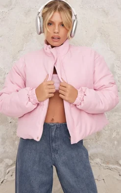 Pink Back Bow Detail Cropped Puffer Jacket