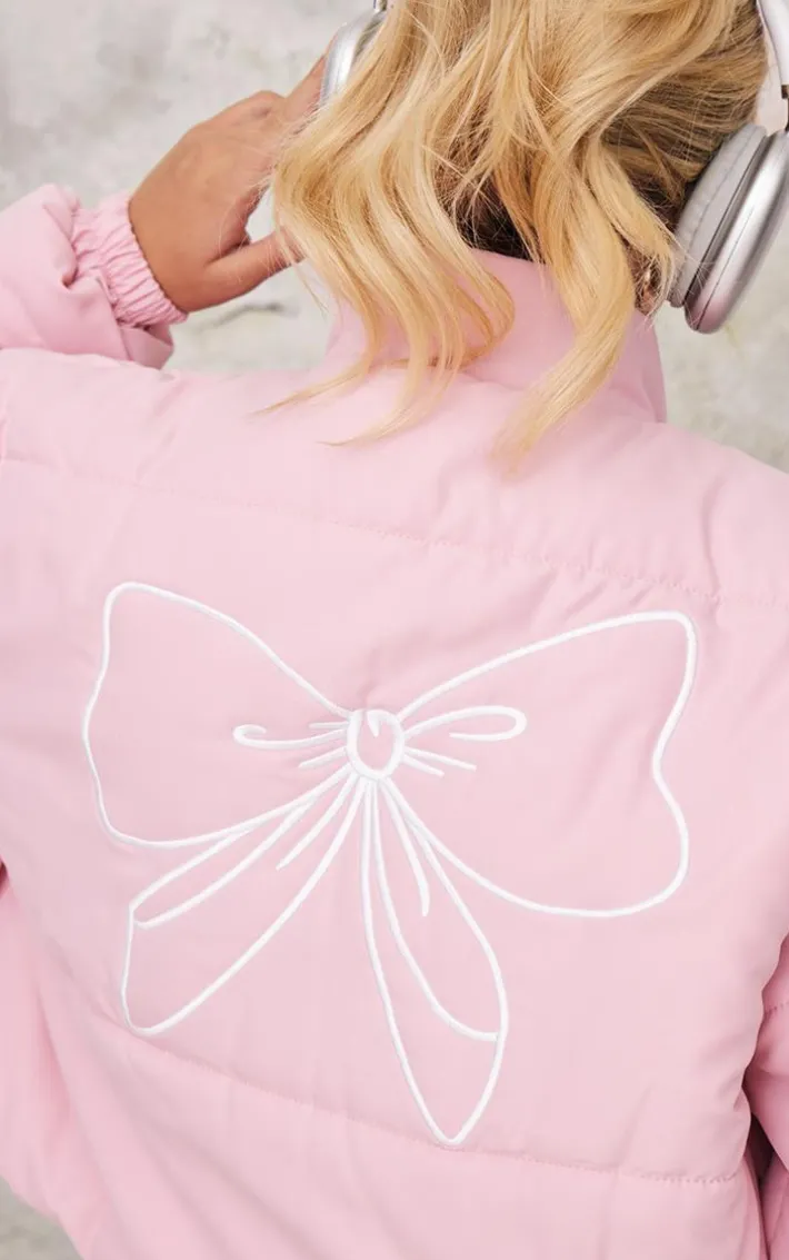 Pink Back Bow Detail Cropped Puffer Jacket