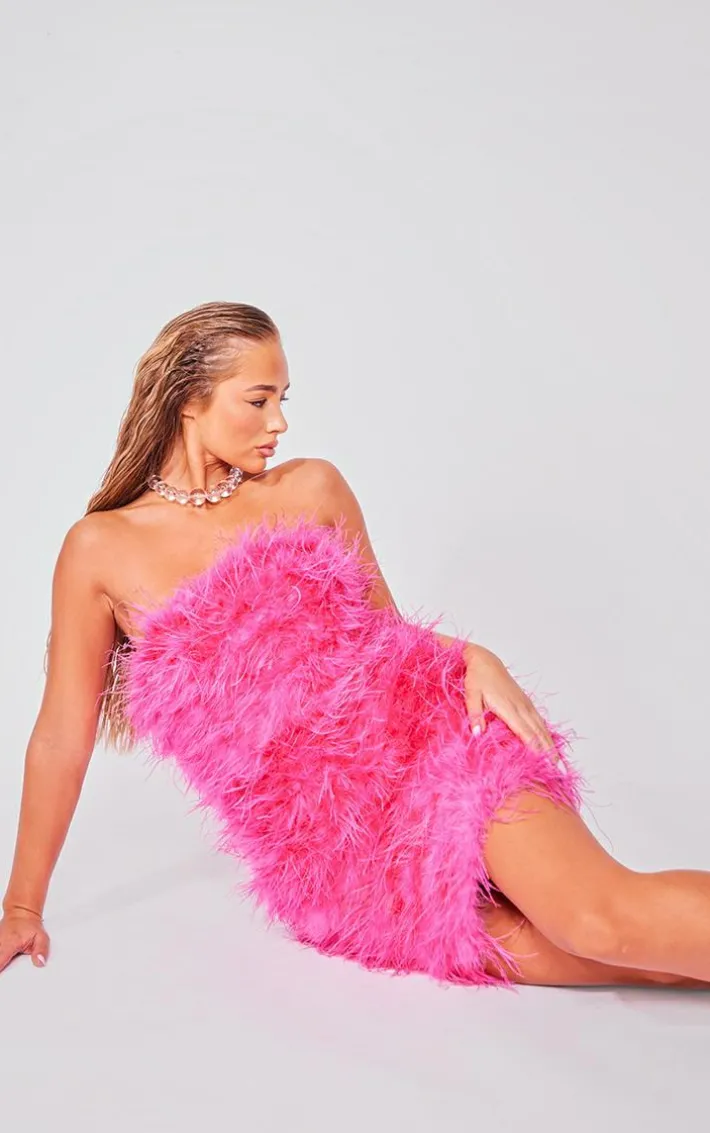 Pink Bandeau Feather Bodycon Dress