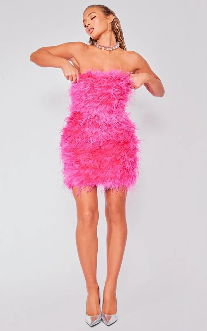 Pink Bandeau Feather Bodycon Dress