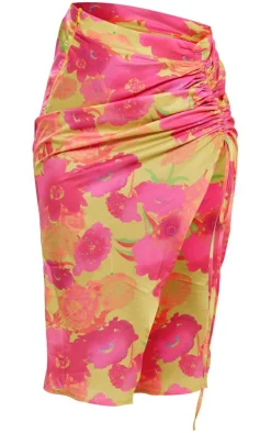 Pink Blurred Floral Print Woven Ruched Detail Midi Skirt
