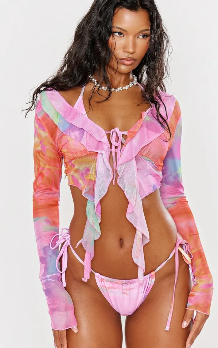 Pink Blurred Print Frill Mesh Beach Top