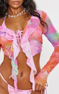 Pink Blurred Print Frill Mesh Beach Top