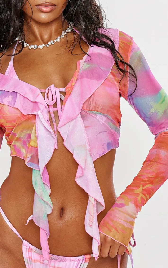 Pink Blurred Print Frill Mesh Beach Top