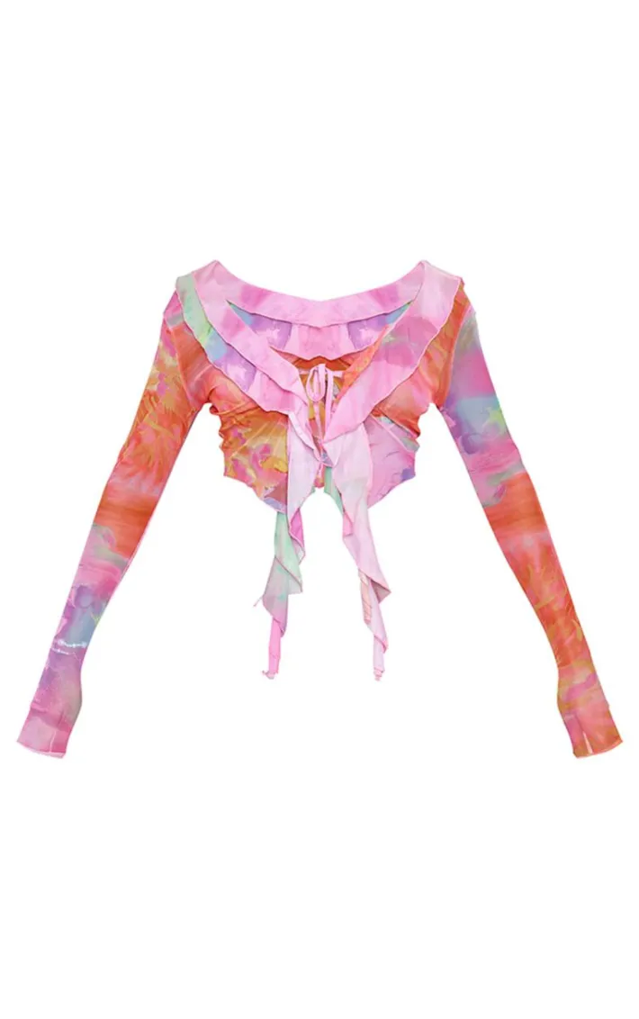 Pink Blurred Print Frill Mesh Beach Top