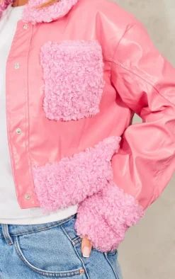 Pink Borg Pocket Front Faux Leather Cropped Coat