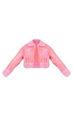 Pink Borg Pocket Front Faux Leather Cropped Coat