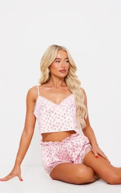 Pink Bow Print Cropped Lace Trim Satin Cami And Short Pj Set