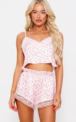Pink Bow Print Cropped Lace Trim Satin Cami And Short Pj Set