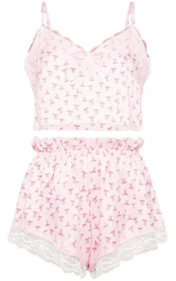 Pink Bow Print Cropped Lace Trim Satin Cami And Short Pj Set