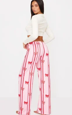 Pink Bow Stripe Print Long Pj Set