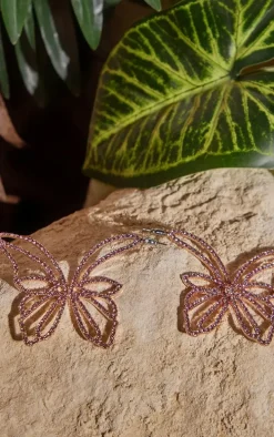 Pink Butterfly Diamante Statement Earrings