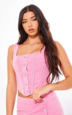 Pink Button Detail Boned Denim Corset Top