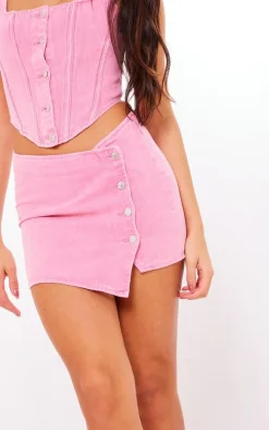 Pink Button Detail Denim Mini Skirt
