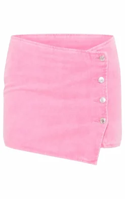Pink Button Detail Denim Mini Skirt