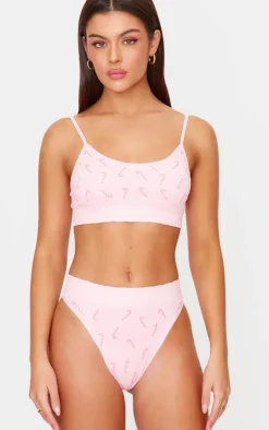 Pink Candy Cane Print Ribbed Scoop Neck Bralette
