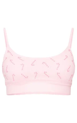 Pink Candy Cane Print Ribbed Scoop Neck Bralette