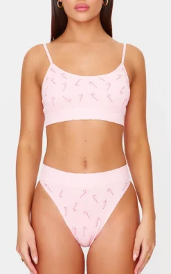 Pink Candy Cane Print Ribbed Thong