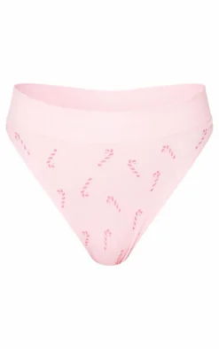 Pink Candy Cane Print Ribbed Thong